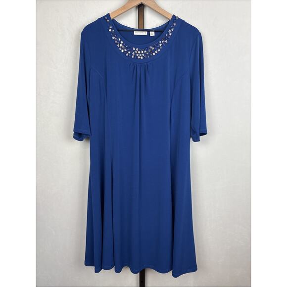 Susan Graver Liquid Knit Midi Shift Dress Women's Large Blue Beaded Neckline - Picture 1 of 10